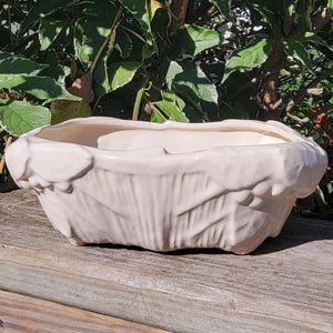 May include: An off-white ceramic planter with a rectangular shape and rounded corners. The exterior surface features a raised, molded relief pattern of overlapping leaves and small berries, with a smooth, glossy finish throughout.