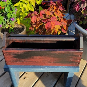 Vintage Red Black Wood Tool Long Tote Farm Decor