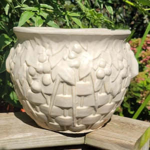 May include: A cream-colored ceramic planter featuring a raised relief pattern of woven basket textures combined with clusters of berries and leaves. The round vessel has a wide, smooth rim and a rounded body, showcasing a monochromatic finish.