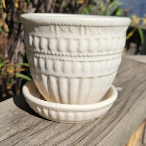 McCoy Beaded and Banded Planter Flower Pot with Attached Saucer MCM