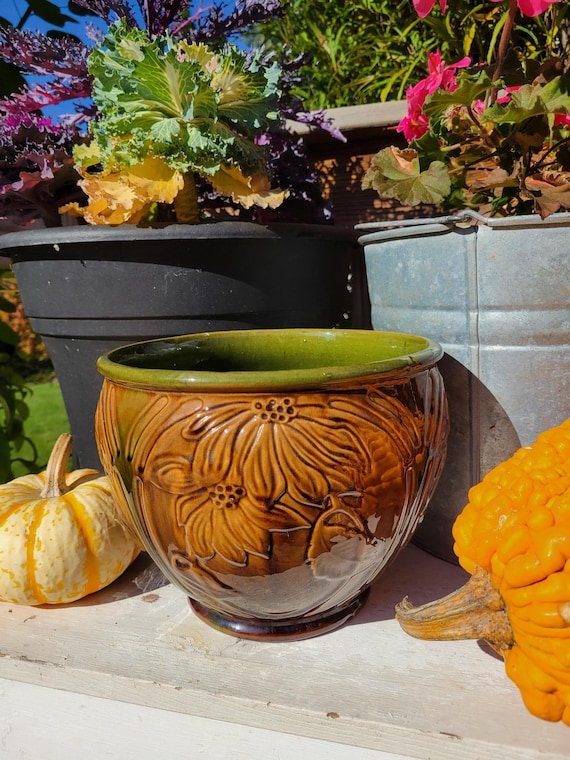 Vintage Mccoy Weller Majolica Jardinière Planter Sunflower Brown