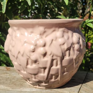 May include: A pale pink ceramic planter with a rounded, bulbous shape. The exterior surface features a raised, textured pattern resembling a woven basket or clustered fruit design, with a smooth, flared rim at the top and a solid base.