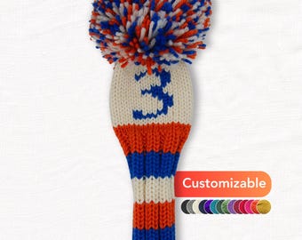 Custom Knit Wool Golf Club Cover: Striped Pom Pom, Monogram Option