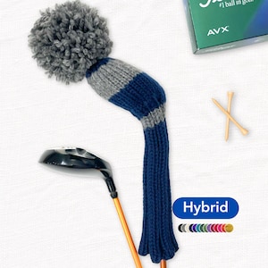 Custom Knit Golf Club Cover for Hybrid with Broad Stripes; Knit Hybrid Headcover Knit Golf Club Cover with Pom Pom Knit Utility Club Cover