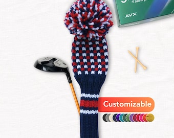 Custom Knit Golf Club Cover Checkered Pattern: 100% Wool, Choose Size & Colors