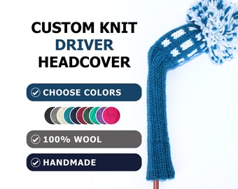 Housse de driver en tricot avec motif quadrillé Couvre-tête de driver personnalisé Housse de club de golf en tricot avec pompon Cadeau pour golfeur Housse de driver en laine