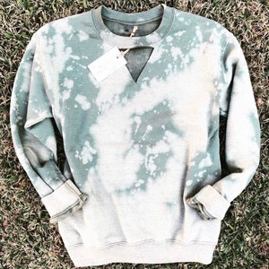 Hand Dipped Bleached Choker Sweatshirt / Choker Sweatshirt / Bleached Acid Washed Sweatshirt - OLIVE GREEN