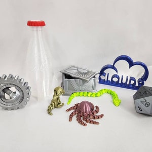 May include: A collection of 3D printed objects, including a gear, a bottle, a box, a snake, an octopus, a cloud with the word "CLOUDS" on it, and a 20-sided die.