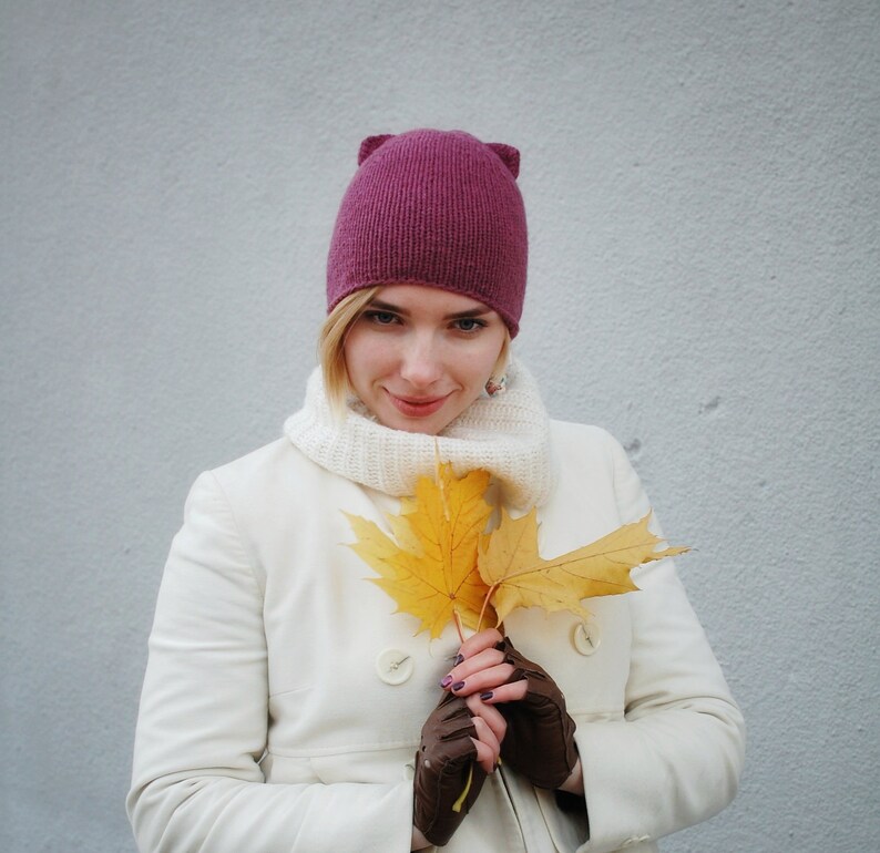 Warm pink Knit cat hat with ears for women
