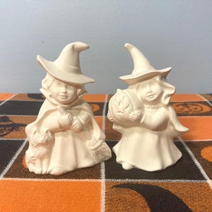 Two Small Witches Halloween Unpainted Ceramic Bisque Ready To Paint