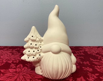 Christmas Gnome With Tree Unpainted ceramic Bisque
