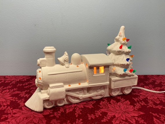 Christmas Train With Tree Light Up Unpainted Ceramic Bisque Ready To Paint
