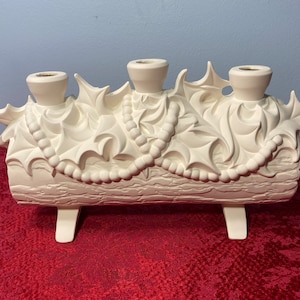 Yule Log Candle Holder Vintage Unpainted Ceramic Bisque Atlantic Mold’s Ready To Paint