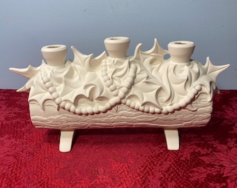 Yule Log Candle Holder Vintage Atlantic Molds Unpainted Ceramic Bisque Ready To Paint