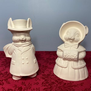 Festive Mr. And Mrs. Rabbit Unpainted Ceramic Bisque