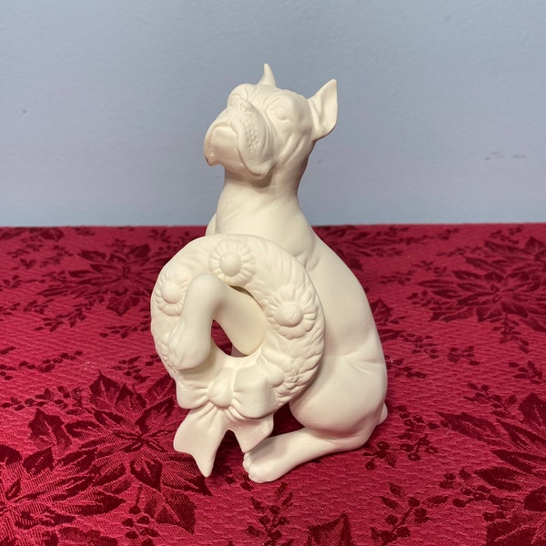 Christmas Caroler Dog With Wreath Unpainted Ceramic Bisque