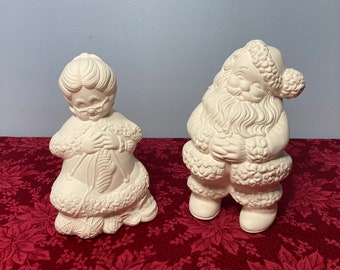 Retro Santa And Mrs. Claus 8.5" Tall Unpainted Ceramic Bisque Ready To Paint