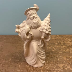 Small Old World Santa - German With Toy Sack And Christmas Tree Vintage Unpainted Ceramic Bisque Kimple Mold’s Ready To Paint