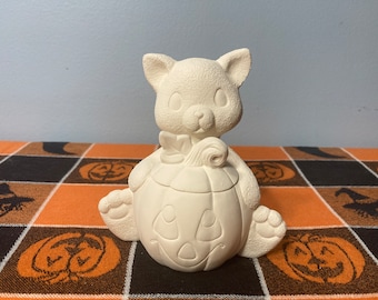 Small Cat with Pumpkin Halloween Unpainted Ceramic Bisque Ready To Paint