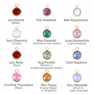 May include: Twelve round gemstone charms, each representing a different birthstone for the months of the year. The charms are gold-colored with a small loop at the top for attaching to jewelry.