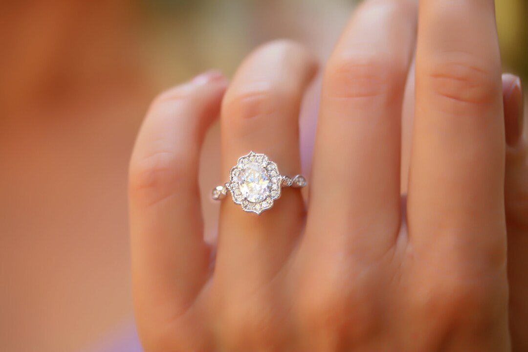 Oval Moissanite Engagement Ring/ Oval Vintage Wedding Ring in 14K Solid ...