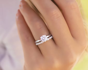 Round Cut Engagement Ring Set, Round Cut Wedding Ring, Minimalist Solitaire Wedding Ring, Bridal Set, Anniversary Ring Set, Gift For Her