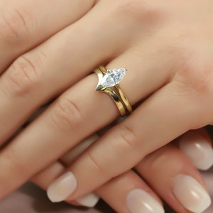 Rosie Marquise Moissanite Diamond Engagement Ring, Marquise Solitaire Ring, V shaped Stacking Band, 14K  Yellow Gold Ring set