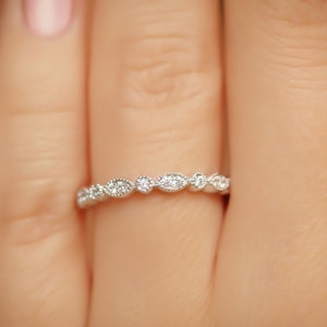 Art Deco Ring Moissanite Art Deco Band Milgrain Marquise Band Wedding Band Stacking Ring 14K Real White Gold Vintage Style Wedding Bands