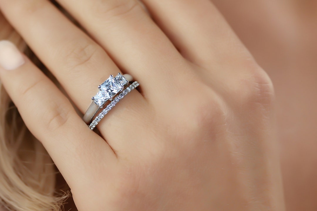 Princess Cut Diamond Engagement Ring 3 Stone Diamond Ring Set Square Diamond Wedding Set Bridal Set 14K Solid White Gold Ring 3 Stone Ring Etsy