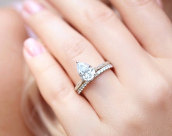2 Karat Birnenförmiger Verlobungsring Set/ Trauring Set/ 14K Weißgold Pear Cut Ring Set/ Brautring Set/ Tropfen Verlobungsring