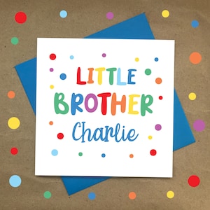 Carte LITTLE BROTHER personnalisée, couleurs arc-en-ciel bleues, anniversaire, carte Lil Bro, carte d’anniversaire, carte arc-en-ciel, spots, Spotty, par JellyJebs