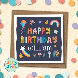 Carte d'anniversaire personnalisée, carte de visite de joyeux anniversaire, carte arc-en-ciel, carte d'anniversaire, carte colorée, cerf-volant, champignon, étoiles, personnalisé, carte