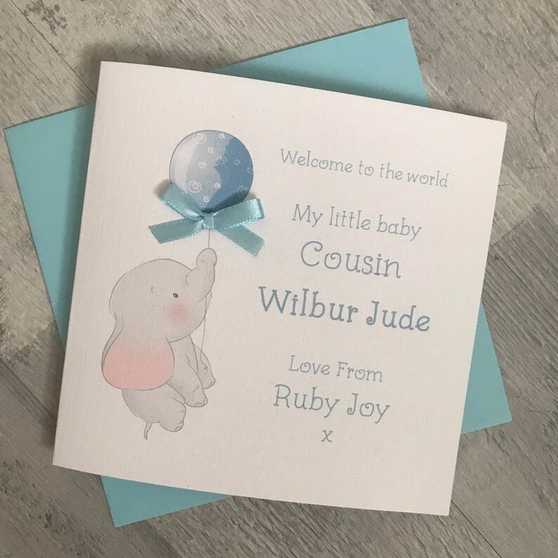 Personalised New Baby COUSIN Card, Blue Balloon, Baby Elephant, NEPHEW