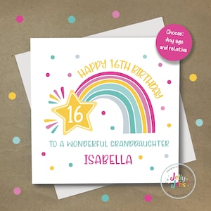 Cartão de aniversário RAINBOW, idade, parente, filha, neta, personalizado, 16, doce, 17, 13, 14, 15, sobrinha, prima, irmã, por JellyJebs