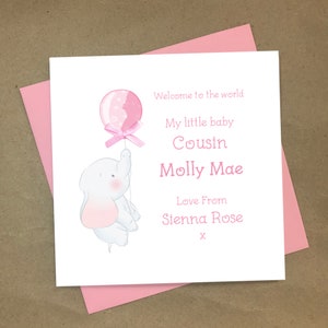 Personalised New Baby COUSIN Card, Pink Balloon, Baby elephant, NIECE, Congratulations, New Arrival Card, New birth, New Baby Girl Card,