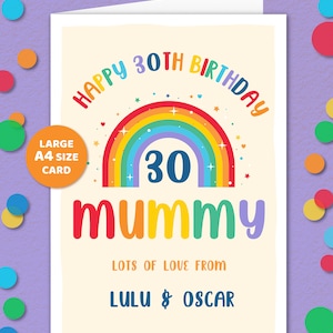 A4 LARGE, MUMMY Verjaardagskaart, 40e, 30e, 50e, Regenboogkaart, Leeftijd, Gepersonaliseerde verjaardagskaart, Moeder, van Zoon, Dochter, Gelukkige Verjaardag