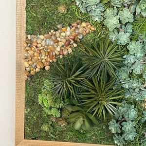 Puede incluir: Una pieza de arte de pared enmarcada que presenta una variedad de suculentas verdes y musgo, con peque&ntilde;as piedras marrones y beige dispuestas en una l&iacute;nea curva.
