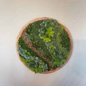 May include: A round wooden wall decor piece featuring a variety of green succulents and moss arranged in a circular pattern.