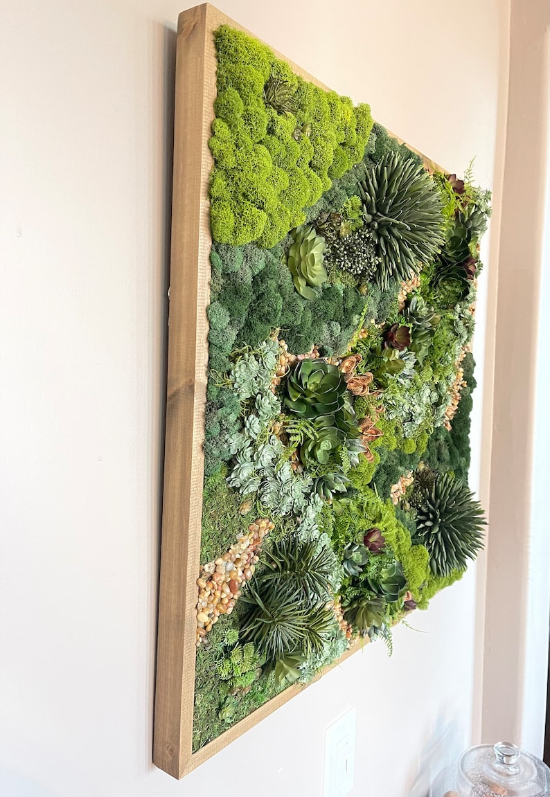 Puede incluir: Una pieza de arte de pared cuadrada enmarcada que presenta un arreglo de musgo verde y suculentas. La pieza est&aacute; enmarcada en un marco de madera natural.