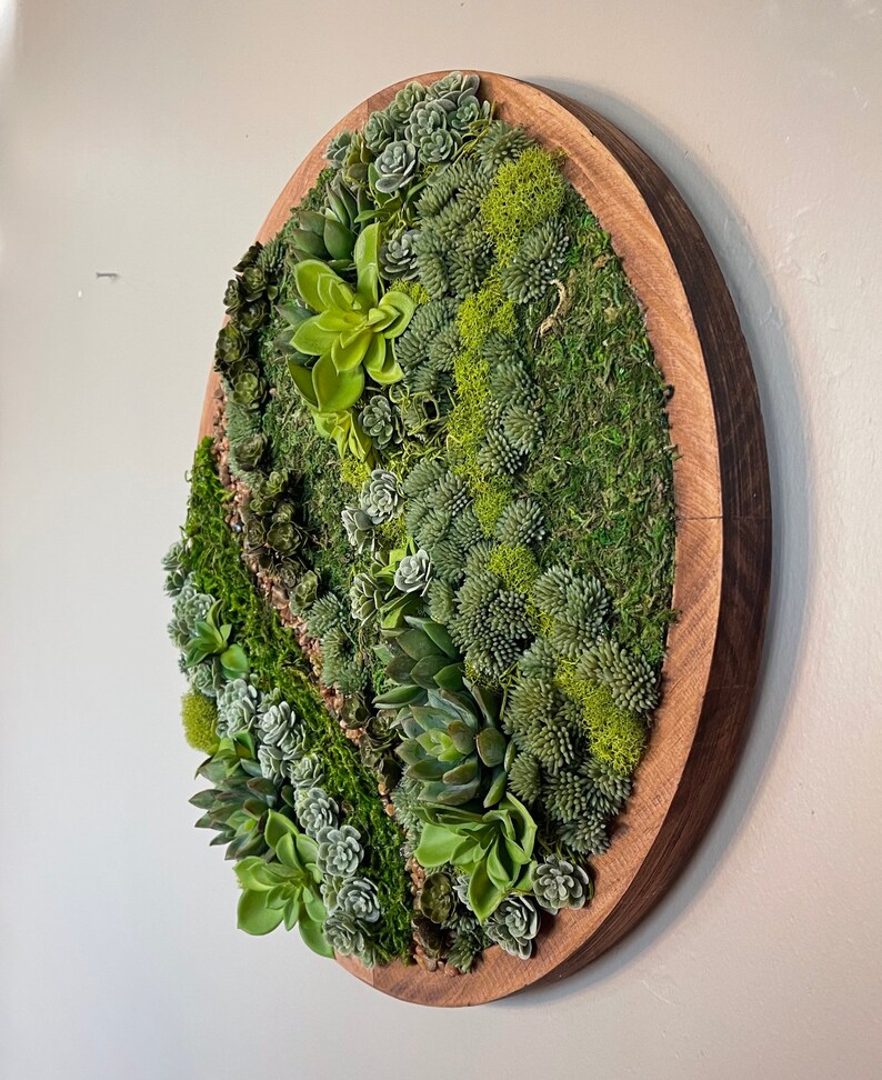 May include: A round wooden frame with a green moss and succulent wall art. The frame is brown and the moss and succulents are various shades of green.