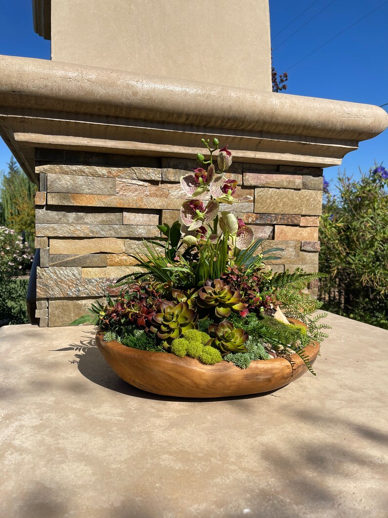 May include: A wooden bowl filled with a succulent arrangement. The arrangement features a variety of succulents, including green, brown, and red varieties. The bowl is sitting on a light brown surface.