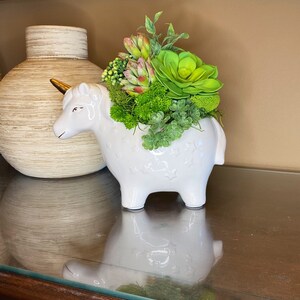 Ceramic Unicorn with faux succulents, Unicorn, Succulent decor, Succulent arrangement.