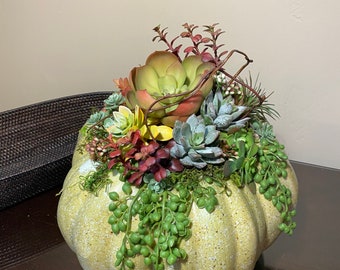 Pumpkin decor.  Pumpkin floral. Pumpkin. Fall. Autumn. Thanksgiving. November. Fall decor. Faux succulent planter. Faux succulent. Succulent