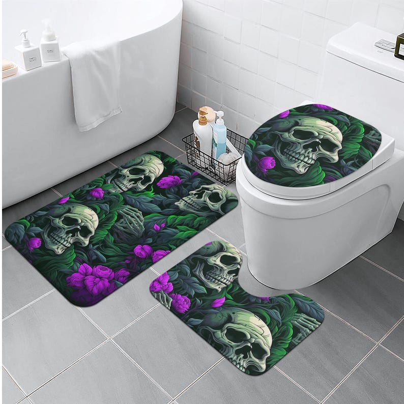 Skulls & Blue Flowers Bathroom Set, Gothic Toilet Cover and Rug, Punk