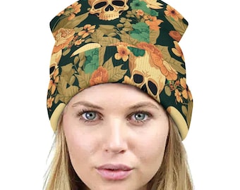 Skull Floral Print Knit Beanie - Gothic Winter Hat