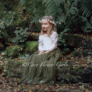 Classic Bohemian Style Long Length Lace Sleeve Flower Girl Toddler Junior Bridesmaid Dress Olive Green Rustic Boho Wonderland Wedding image 2