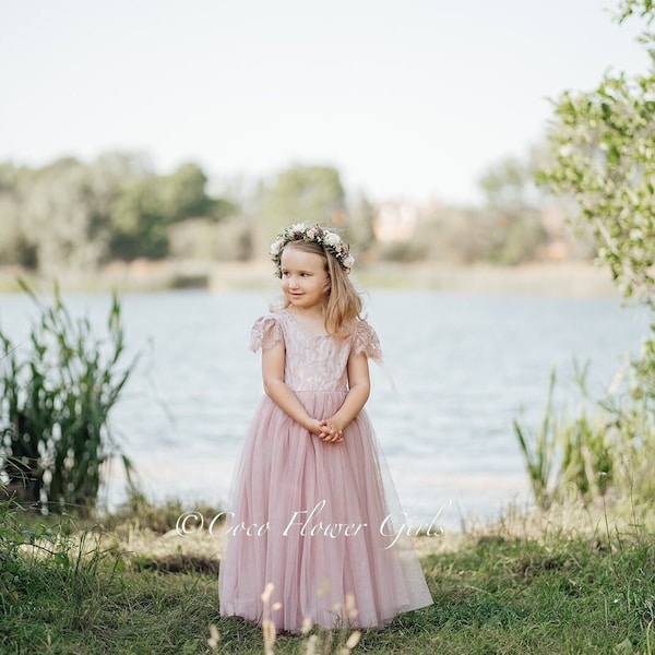 Beautiful Long Length Dusty Rose Pink Full Colour Lace Flutter Sleeves Bohemian Hippy Beach Rustic Style Flower Girl Dress