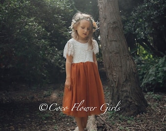 Burnt Orange Girls Toddler Tea Dress Tulle Lace Boho Bride Bohemian Rustic Hippie Style Wedding Flower Girl Dress