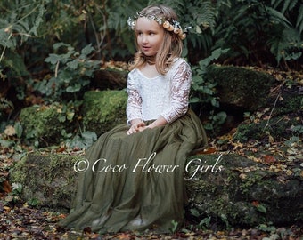 Vestido bohemio de encaje para niña de las flores - Verde oliva, manga 3/4, estilo rústico, para dama de honor de boda