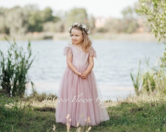 Beautiful Long Length Dusty Rose Pink Full Colour Lace Flutter Sleeves Bohemian Hippy Beach Rustic Style Flower Girl Dress